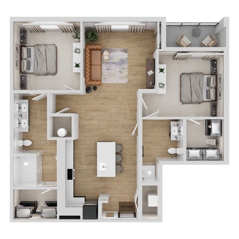 Floor plan for 2 beds, 2 baths, 1070 sqft